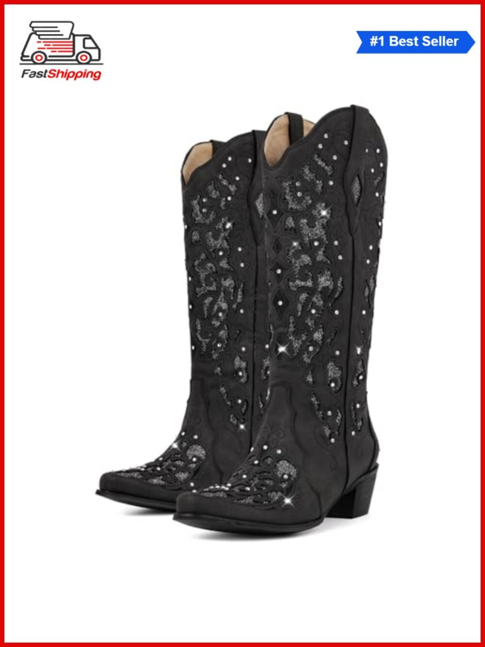 Rhinestone Cowboy Boots Mid Calf Chunky Heel Western Boots for Women
